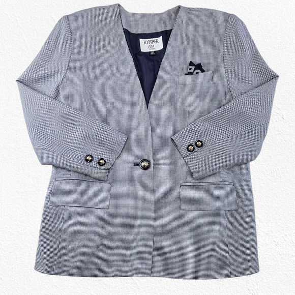 90s Vintage Navy White Houndstooth Kasper Single Button Blazer Jacket Size 12P - Picture 1 of 11